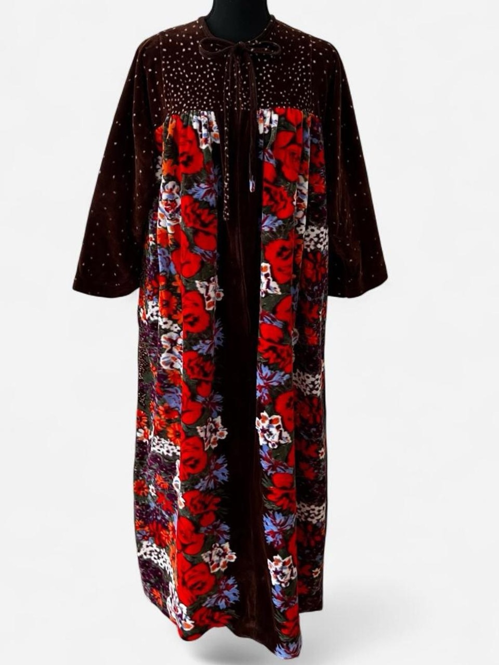 Vintage 70s Velvet Hostess Maxi Dress Chocolate Brown Floral Retro Loungewear M